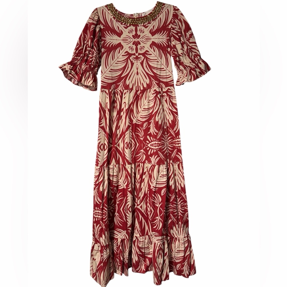 Sheridan French Michola Maxi Red Beige Dress Floral Abstract Small‎